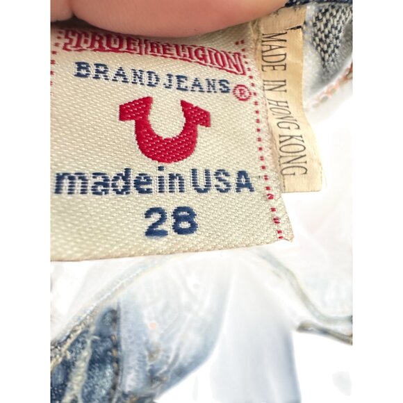 vintage True Religion Women’s Distressed Flare Jeans Size 28 Blue Denim Made In - Picture 5 of 11